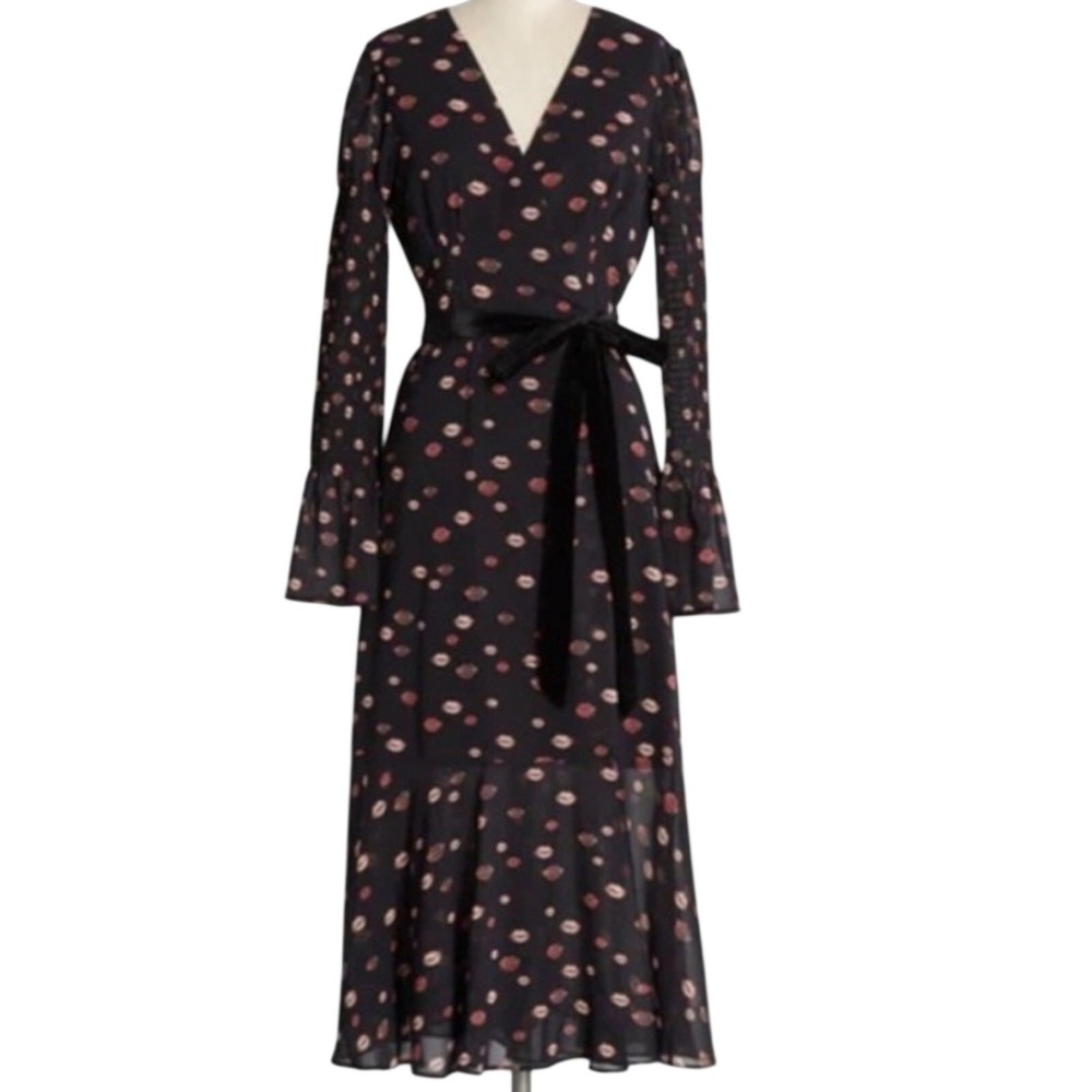 Hutch Womens Red Lips Kiss‎ Wrap Midi Dress Sz XL Novelty Velvet Smocked Sheer - Picture 2 of 12